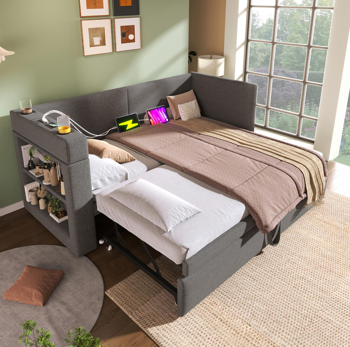 AUSZIEHBETT 90/180x200 cm Grau mit USB- und Type-C-Anschlüssen - Grau, Textil (90/200cm) - Flora Grace