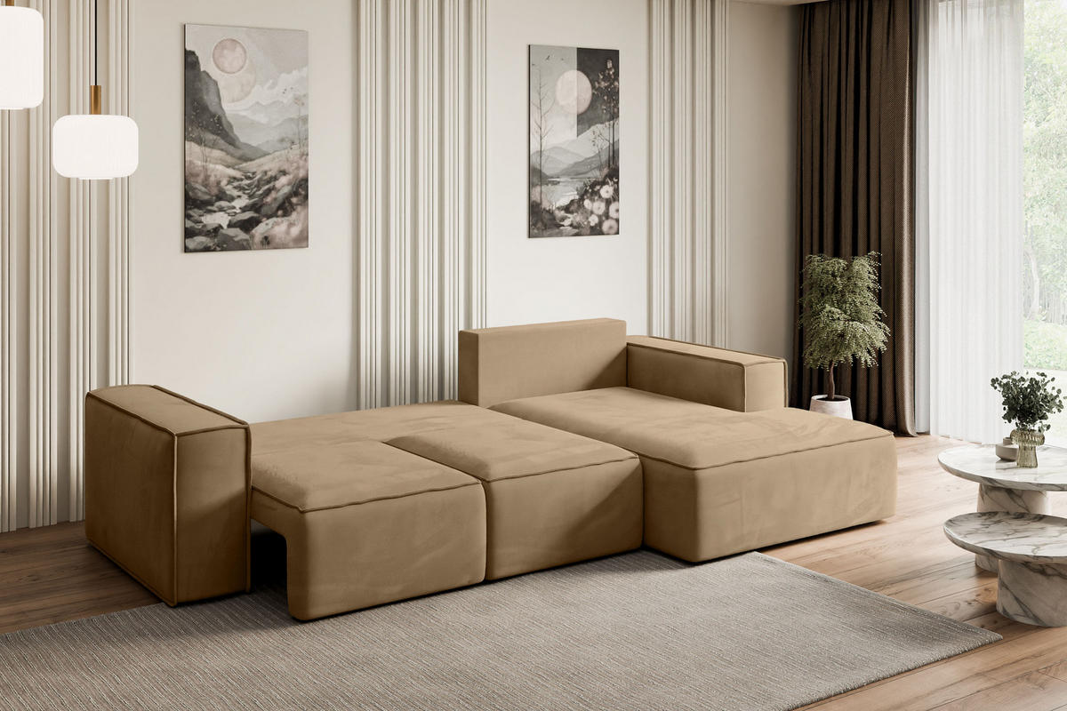 ECKSOFA mit Schlaffunktion und Bettkasten SERRA-L-S - 266x161x87 cm Beige Velours - Beige/Schwarz, Holzwerkstoff/Kunststoff (266/161cm) - ALTDECOR