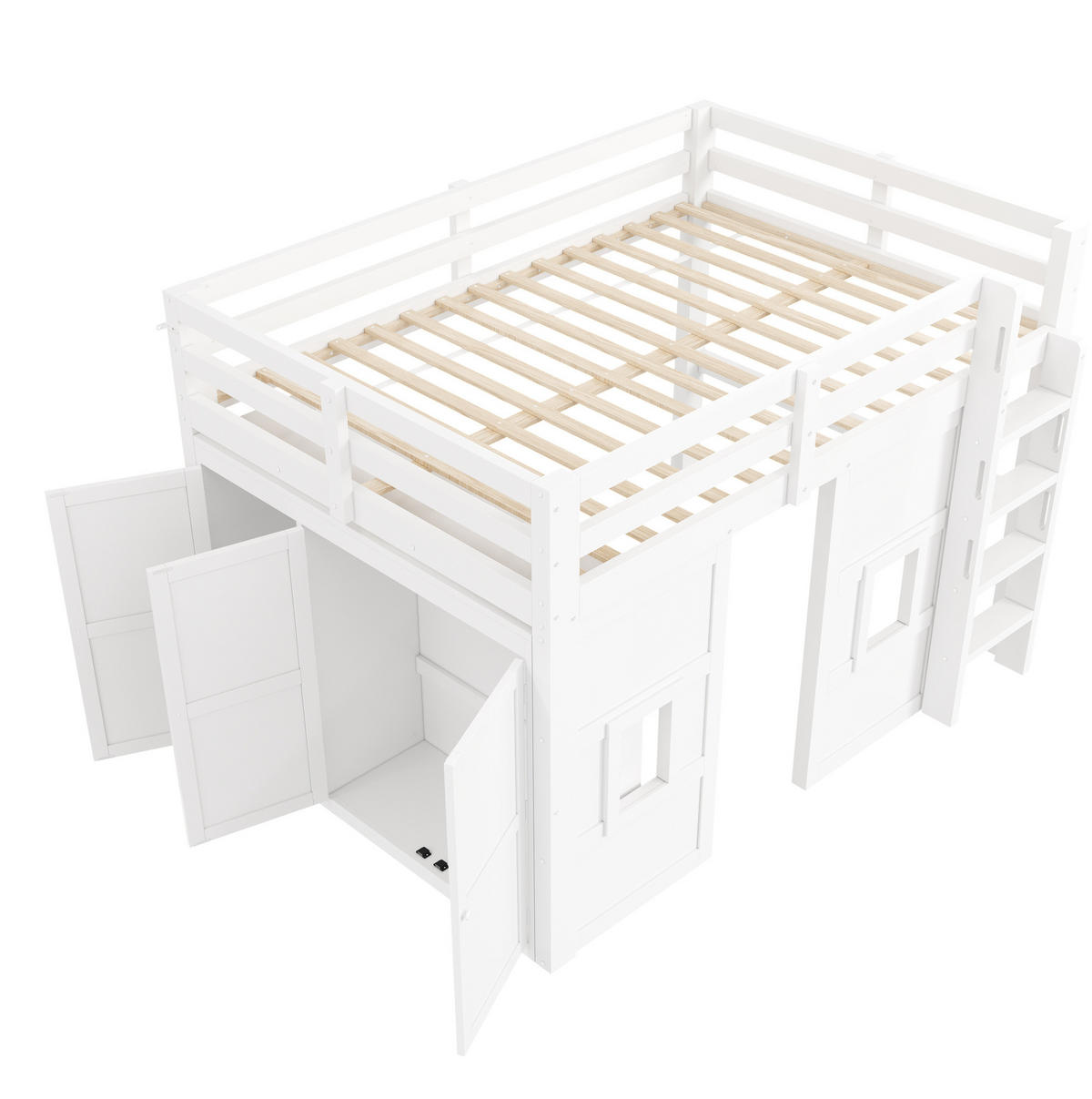 HOCHBETT 140/200 cm mit Kleiderschrank, 2 Fenstern und LED-Beleuchtung, aus Holz, Weiß - Weiß, Holzwerkstoff (140/200cm) - Redom