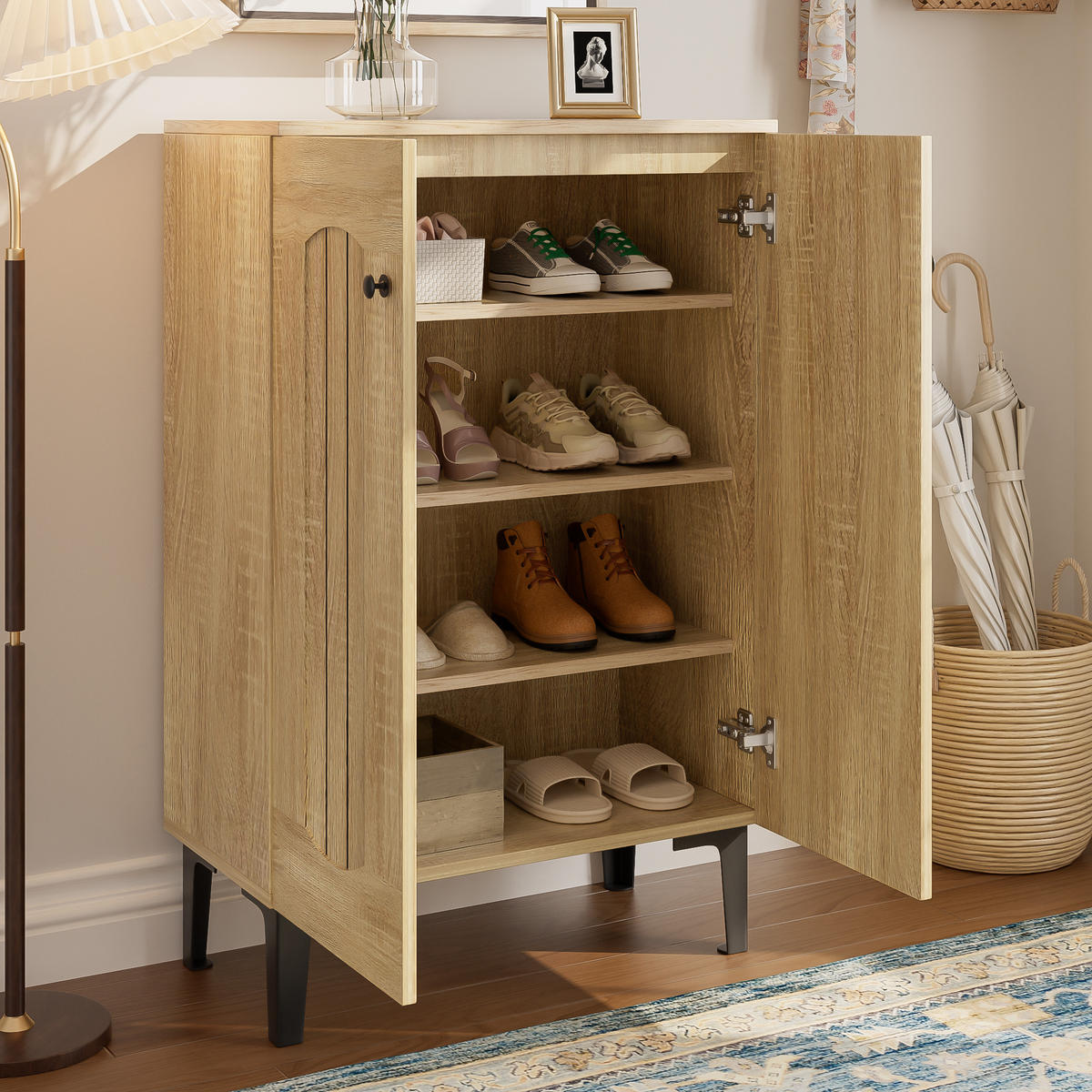 SCHUHSCHRANK 2 Türen Stauraum Mehrschichtige Böden Ablage - Naturfarben, Holzwerkstoff (31.5/95/60cm) - FLIEKS