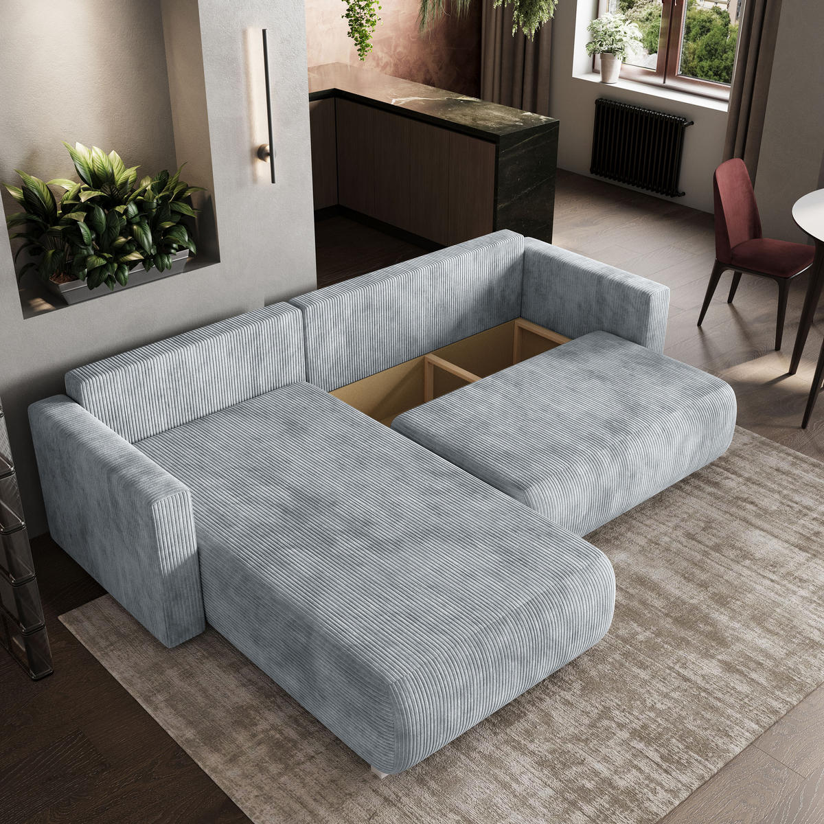 ROHOVÁ SEDAČKA TURIN světle šedá - šedá/světle šedá, dřevo/textil (265/183cm) - MASSENO