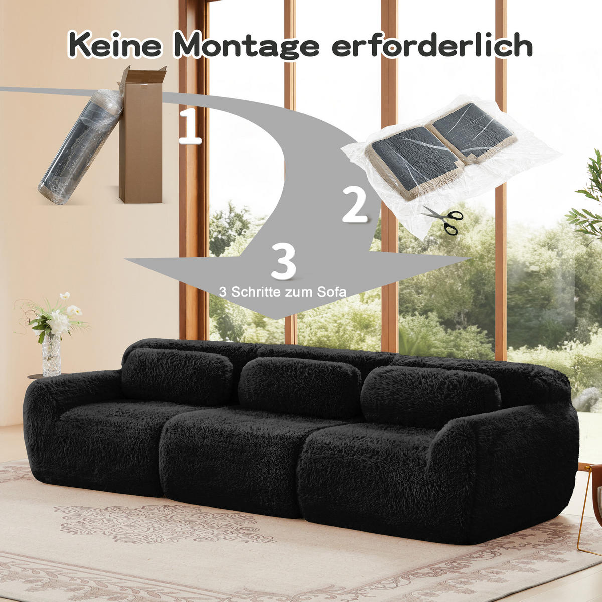 3-SITZER Sofa 291x104x73 cm aus Plüschstoff rahmenlos modular, schwarz - Schwarz, Textil (104/73/291cm)