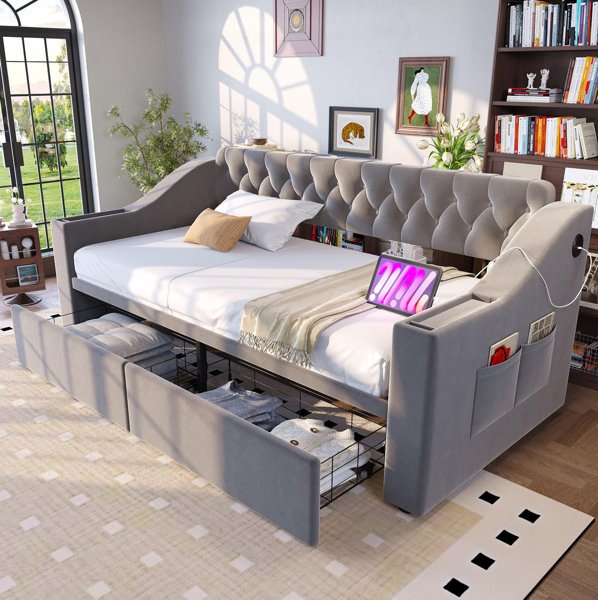 ČALOUNĚNÁ postel 90/190 cm světle šedá ze sametu s USB portem a úložnými zásuvkami - světle šedá, textil (90/190cm) - OKWISH