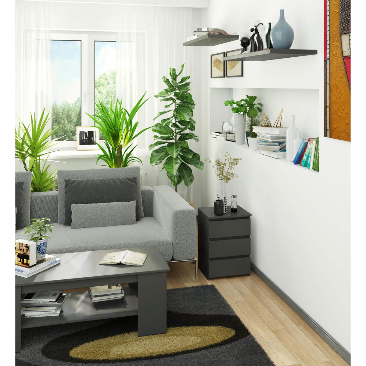 NACHTSCHRANK Grau 40x35x57 cm - Grau/Sonoma Eiche, Holzwerkstoff (40/57/35cm) - Akord