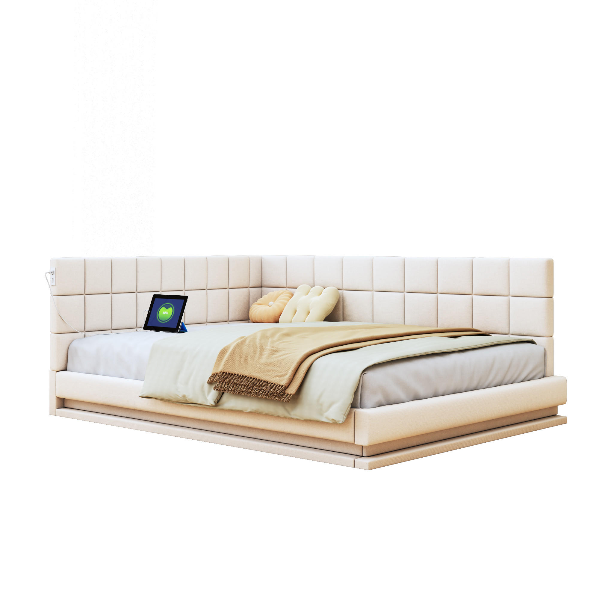 POLSTERBETT 140/200 cm mit LED-Beleuchtung & USB-Anschluss Samt Beige - Beige, Leder (140/200cm) - OKWISH