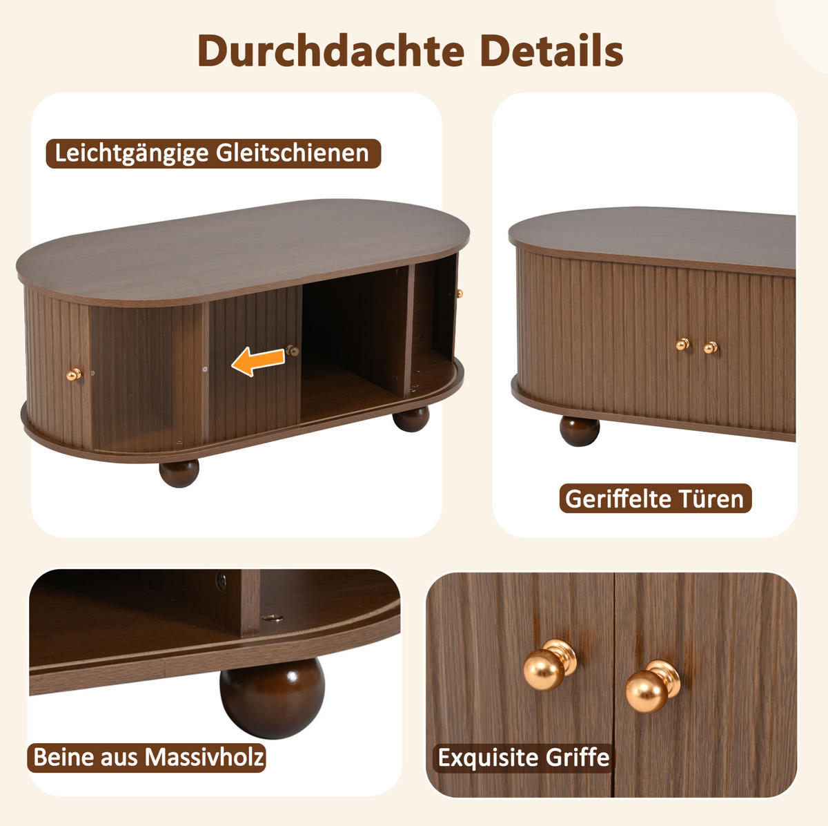 COUCHTISCH 100/50/40 cm in Walnuss mit Stauraum und Schiebetüren - Walnussfarben, Holzwerkstoff (100/50/40cm) - Flora Grace
