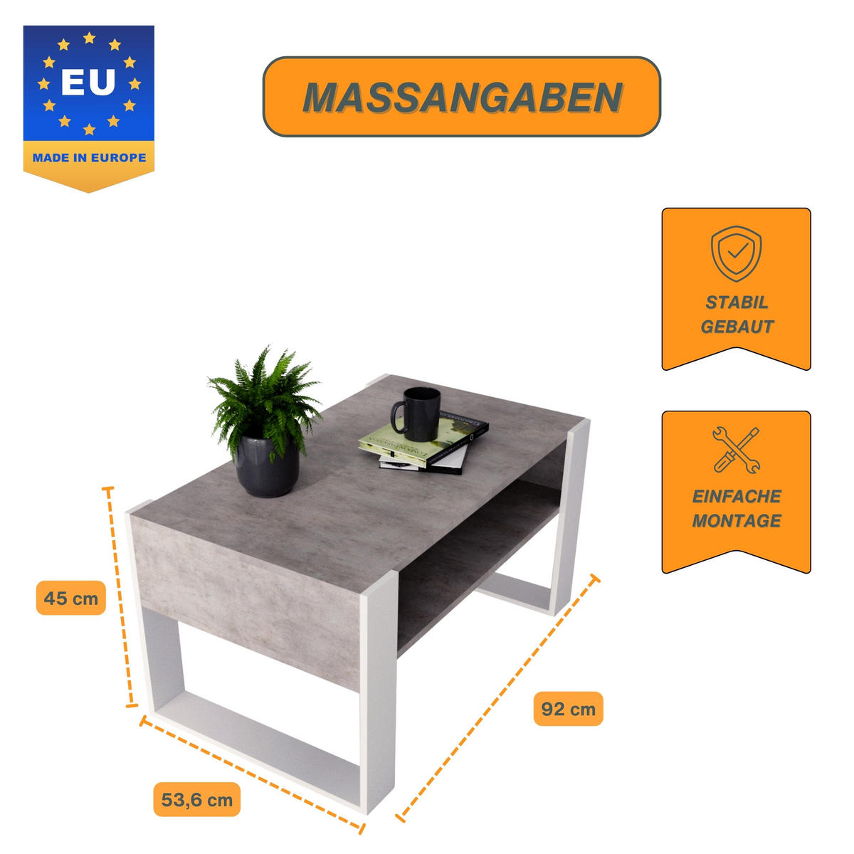 COUCHTISCH Holzwerkstoff rechteckig stabil Grau 45/53,6/92cm - Weiß/Grau, Holzwerkstoff (53.6/92/45cm) - CraftPAK