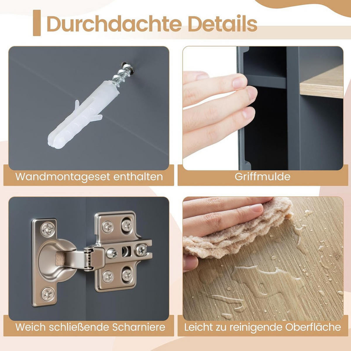 SPIEGELSCHRANK BAD mit verstellbarer Ablage grau - Grau, Holzwerkstoff (60/50/20cm) - COSTWAY