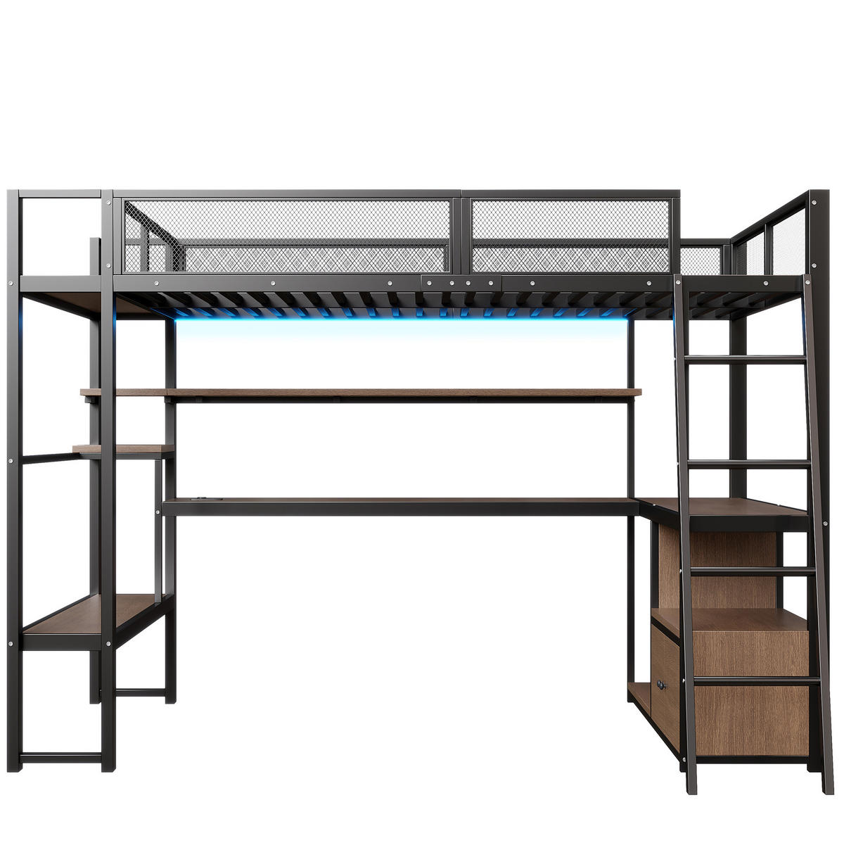 HOCHBETT 140/200 cm Schwarz mit LED, Schreibtisch und Stauraum - Schwarz, Metall (140/200cm) - MIVRAY