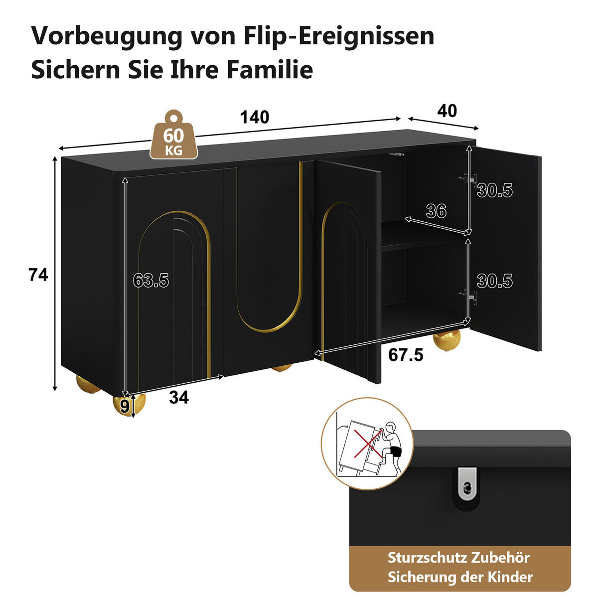 SIDEBOARD 4 Türen Goldlinien Design Kugelfüße Modern Schrank - Schwarz, Holzwerkstoff (140/74/40cm) - FLIEKS