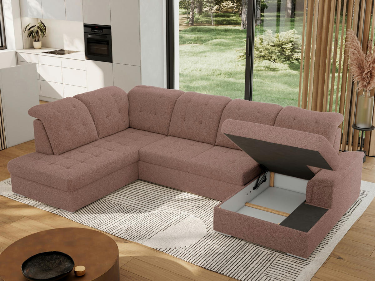 WOHNLANDSCHAFT MADRITO U - Rosa Boucle - Links - Silberfarben/Rosa, Textil/Metall (204/89/323cm) - MKS