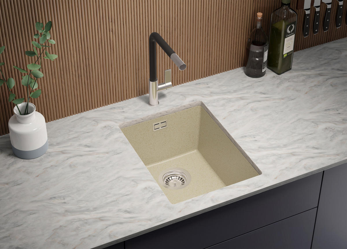 UNTERBAUSPÜLE GRANIT London, 2-er set Beige 36/47 cm 1 Becken + Küchenarmatur 38/14 cm + Ablauf-Set ab 40er Unterschrank - Beige, Kunststoff (36/20/47cm) - Primagran