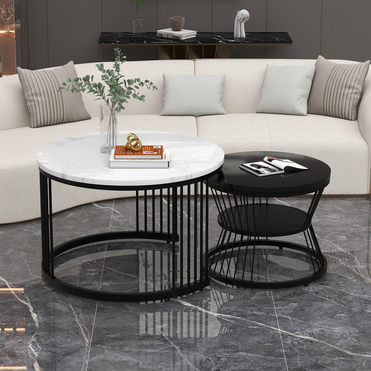 COUCHTISCH Nesting Set 2-tlg Hochglanz Marmoroptik Schwarz Rahmen Rund - Schwarz, Holz (79/76/17cm) - FLIEKS