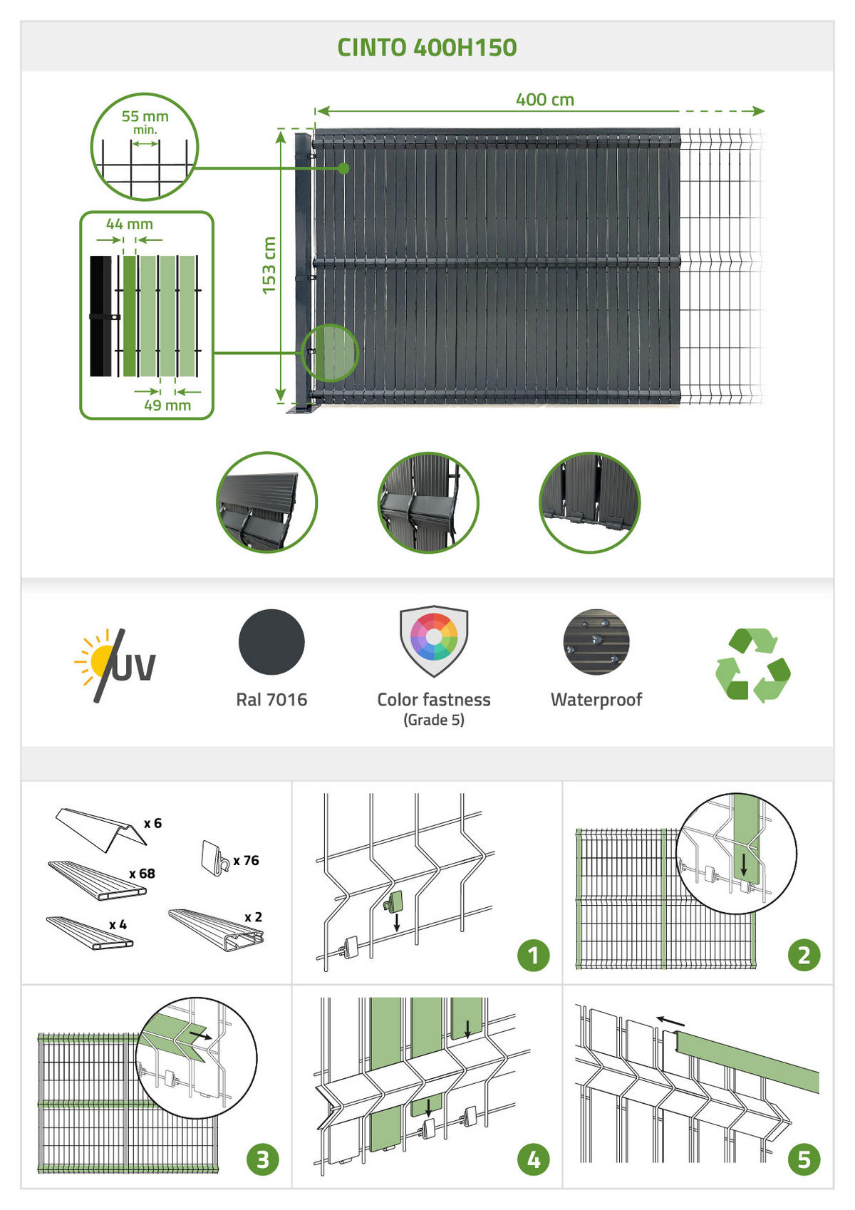 PVC-SICHTSCHUTZLAMELLEN-STEIF-SET Cinto grau 4m H.150cm - Mit clips und Endprofil - Grau, Kunststoff (400/153cm) - Casanoov