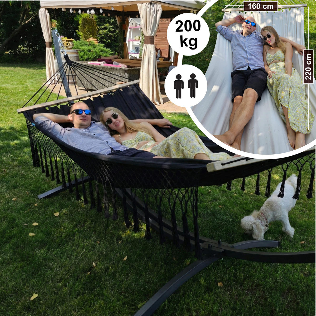 HÄNGEMATTE mit Gestell, 2 Personen, Stabhängematte, XXL, 200 kg, Metall, Santia Schwarz, einfache Montage - Anthrazit, Metall (370/130/120cm) - Potenza
