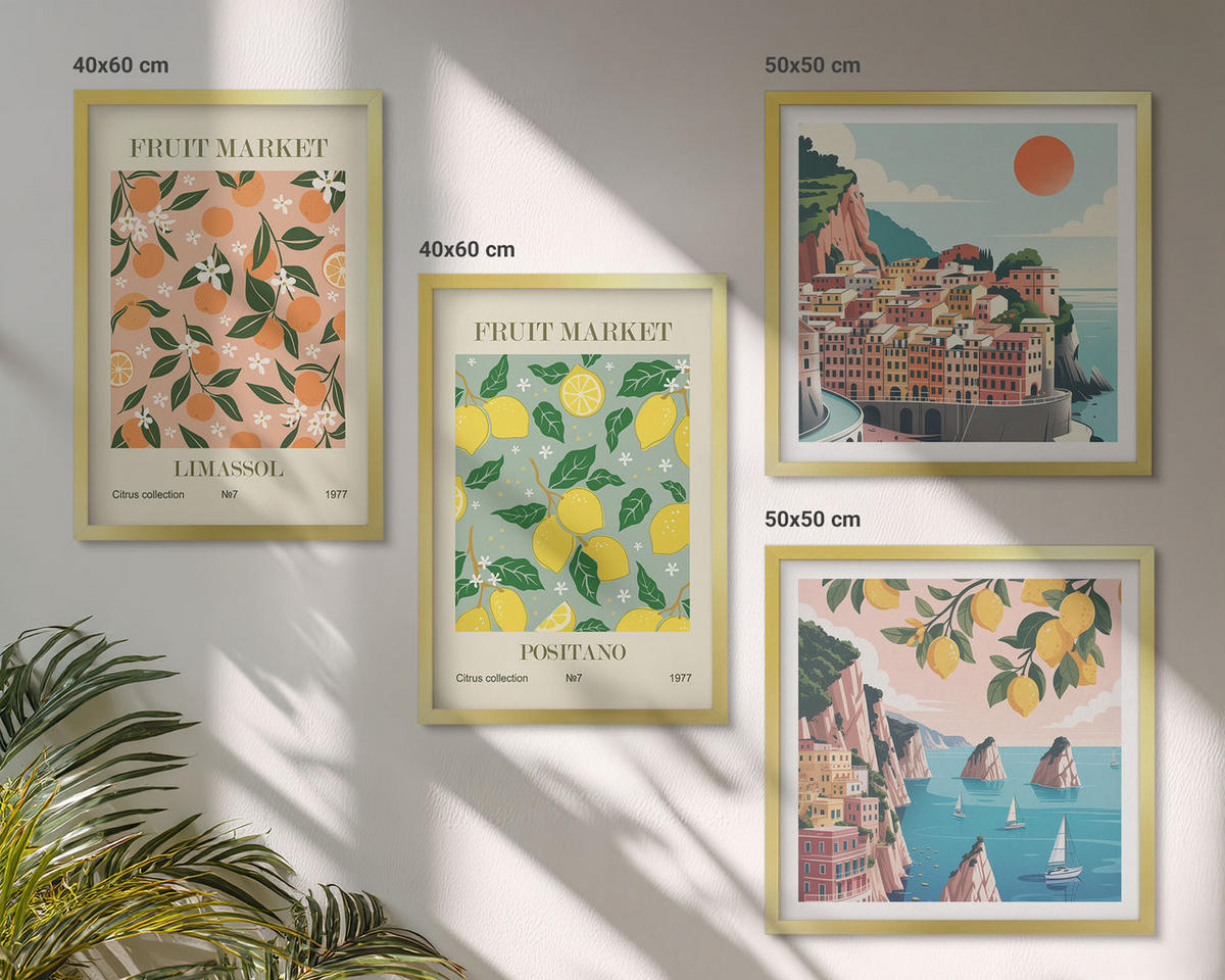 WANDBILDER 4er Set - 50x50 cm & 40x60 cm Goldrahmen - Zitrusfrüchte der italienischen Tropen - Goldfarben, Kunststoff (50/50cm) - ArtPrintCave