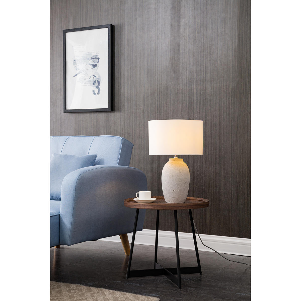 TISCHLEUCHTE - Leinenstoff / Beton, 1-flammig - Weiß, Textil (32/32/50cm) - home24