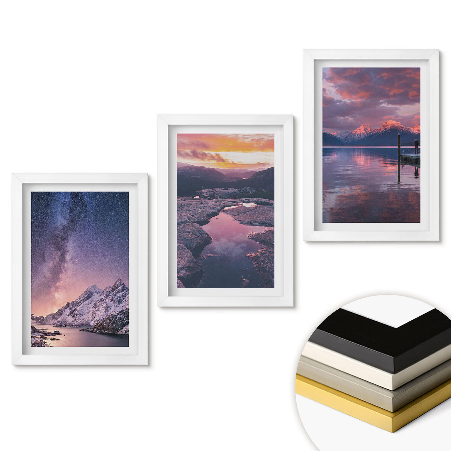 WANDBILDER 3er-Set - 20x30 cm Weißer Rahmen - Berge, Wasser, wunderschöne Landschaften - Weiß, Kunststoff (20/30cm) - ArtPrintCave
