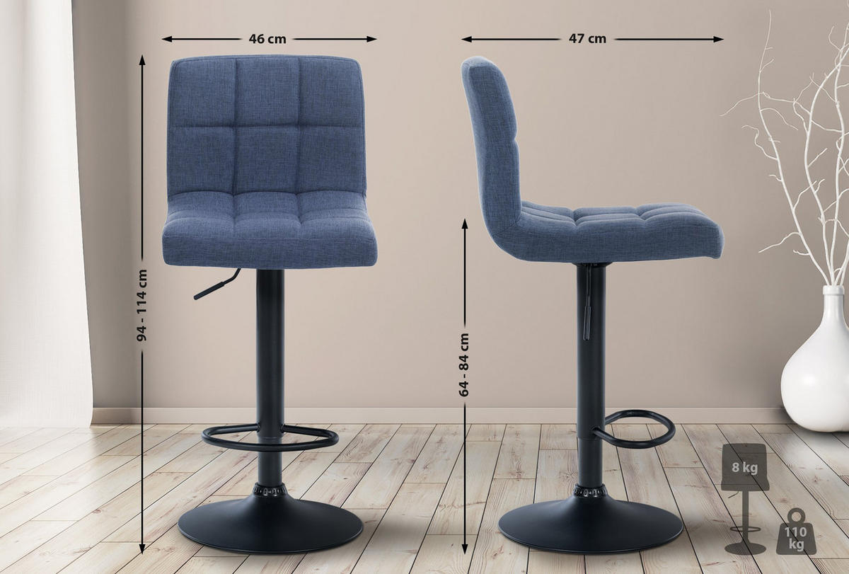 BARHOCKER 2er Set Cala Stoff schwarz blau - Blau/Schwarz, Textil/Metall (46/114/47cm) - TPFLiving