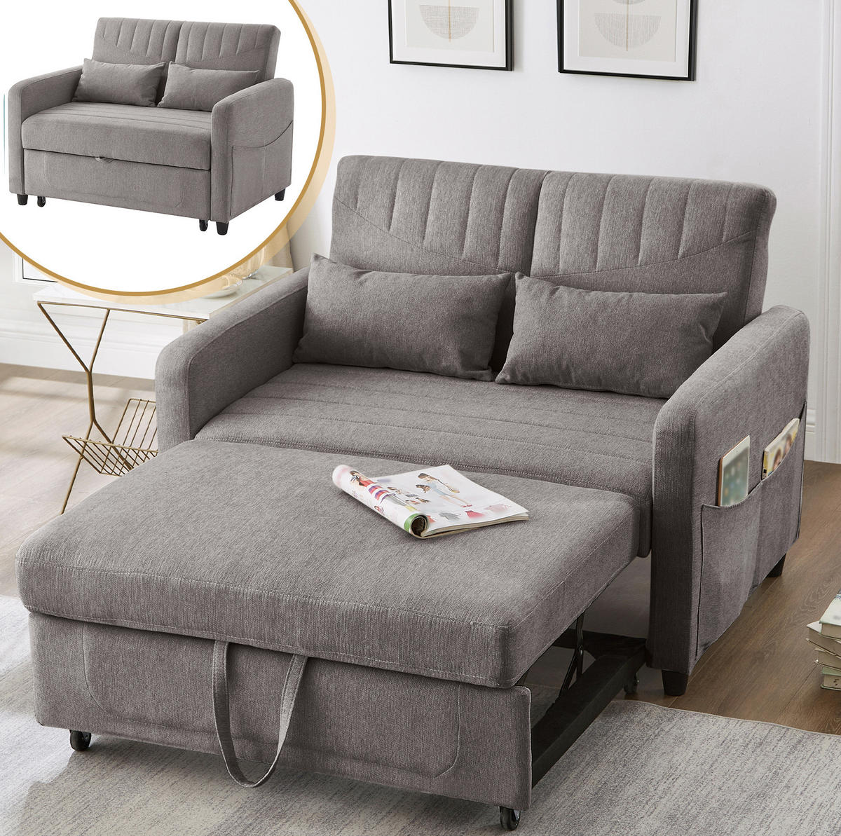 SOFABETT mit Schlaffunktion 166x95 cm Baumwoll-Leinen Grau - Grau, Metall (77/82.5/114cm) - Meubliv