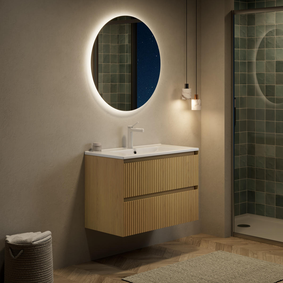 BADEZIMMERSCHRANK 75x39x51.5 cm Goldene Eiche & Weiß aus Keramik mit 2 Schubladen - Eichefarben, Keramik (75/51.5/39cm) - Modfu