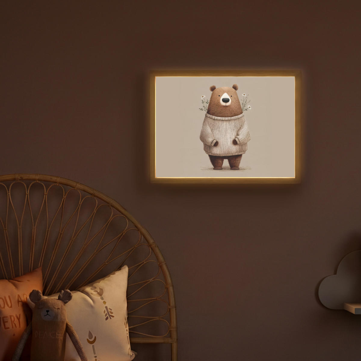 DOBÍJECÍ NOČNÍ LAMPIČKA Medvěd - Bílé květy - Cosy 40x30 cm - šedohnědá, kompozitní dřevo (8/40/30cm) - OnlyWow