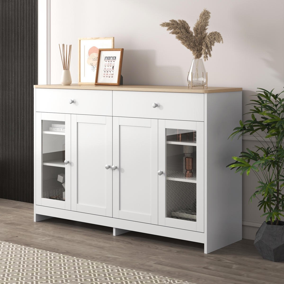 SIDEBOARD mit 2 Schubladen, 4 Türen, verstellbaren Regalböden, holzfarbene Oberseite und weiße Seiten, 120/37/80 cm, Holzfarbe und Weiß - Weiß, Holzwerkstoff (120/80/37cm) - Redom
