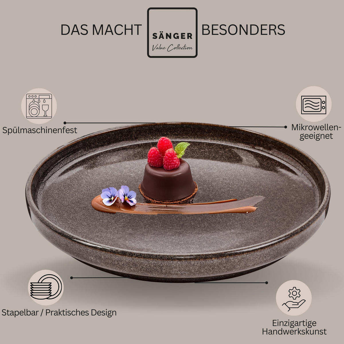 DESSERTTELLER SET KAIRO GRAPHIT - 4 teilig aus Steingut - Braun, Keramik (28cm) - Sänger