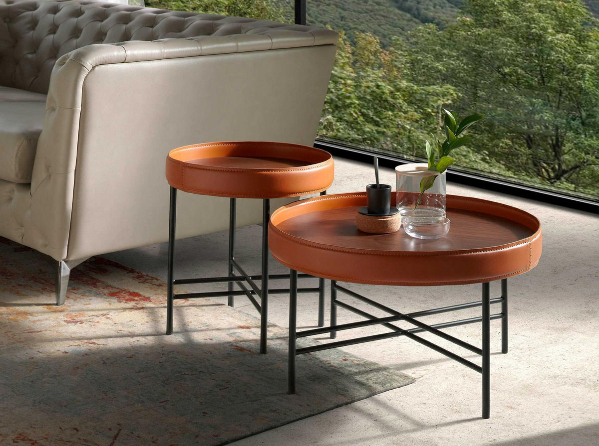 COUCHTISCH Runder Couchtisch aus Kunstleder, Nussbaum und schwarzem Stahl Ø62/35 cm - Nussbaumfarben/Schwarz, Metall (62/62/35cm) - ANGEL CERDA