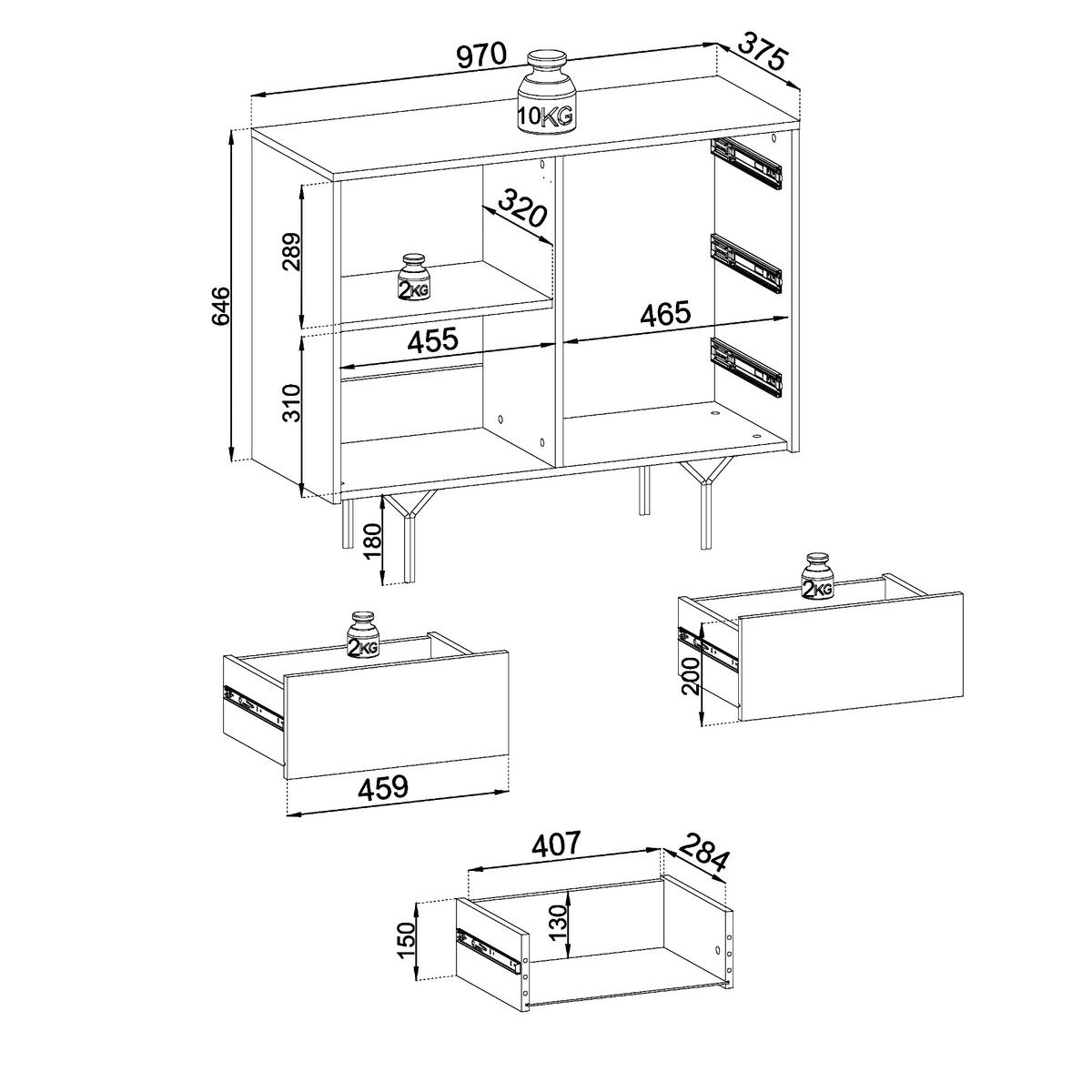 SIDEBOARD ORILLIA KOM3-1D3S Fräste Fronten, Schwarz - Schwarz, Holzwerkstoff/Kunststoff (97/83/38cm) - Komodee