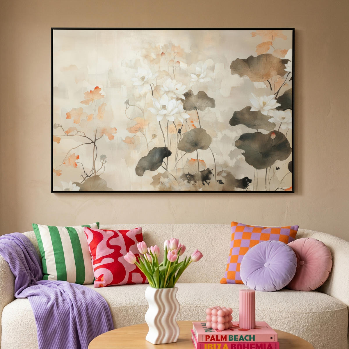 LEINWAND Bilder mit Rahmen - Blumen - Japandi - Wabi sabi - 140x90 - Sandfarben, Textil (140/90cm) - MuchoWow