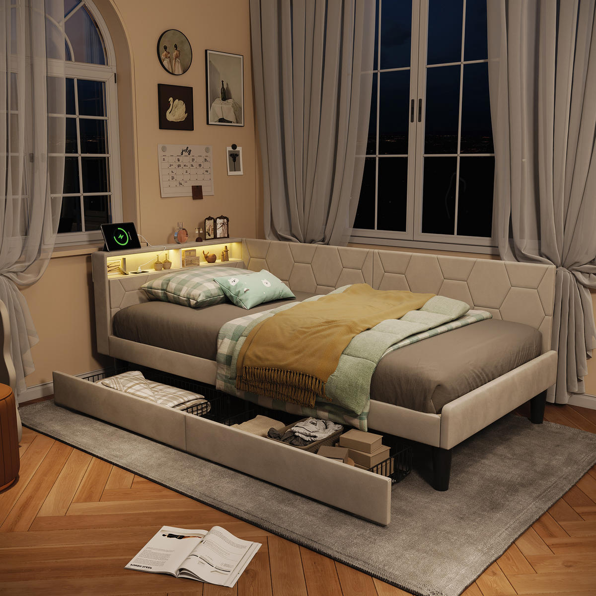 POLSTERBETT 90x200 cm Tagesbett mit 2 Schubladen, LED & USB, Einzelbett mit Kopfteil Stauraum, Beige - Beige, Metall (90/200cm) - EuroLiving