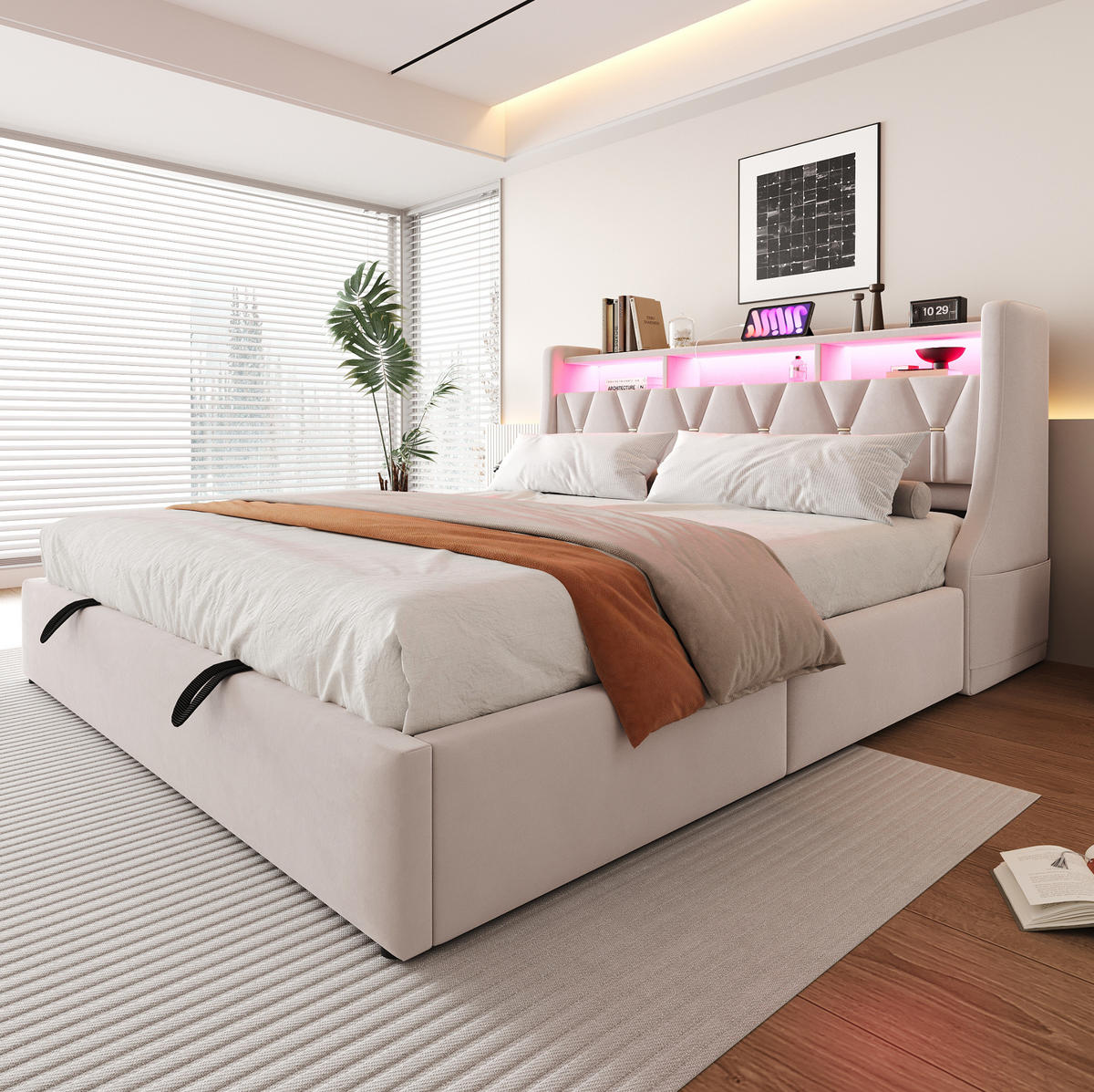 POLSTERBETT 180/200 cm aus Samt mit Stauraum LED und klappbarem Kopfteil Beige - Beige, Textil (180/200cm) - Modenvie
