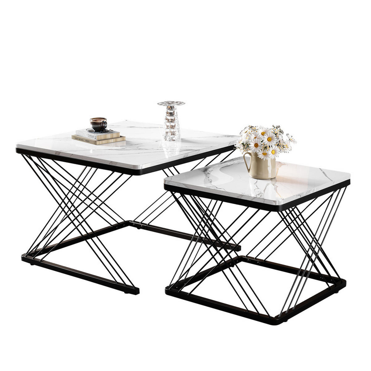 COUCHTISCH Set 2-tlg Quadratisch Hochglanz Marmoroptik Höhenverstellbar 30kg - Weiß, Holz (81.99/70/17.5cm) - FLIEKS