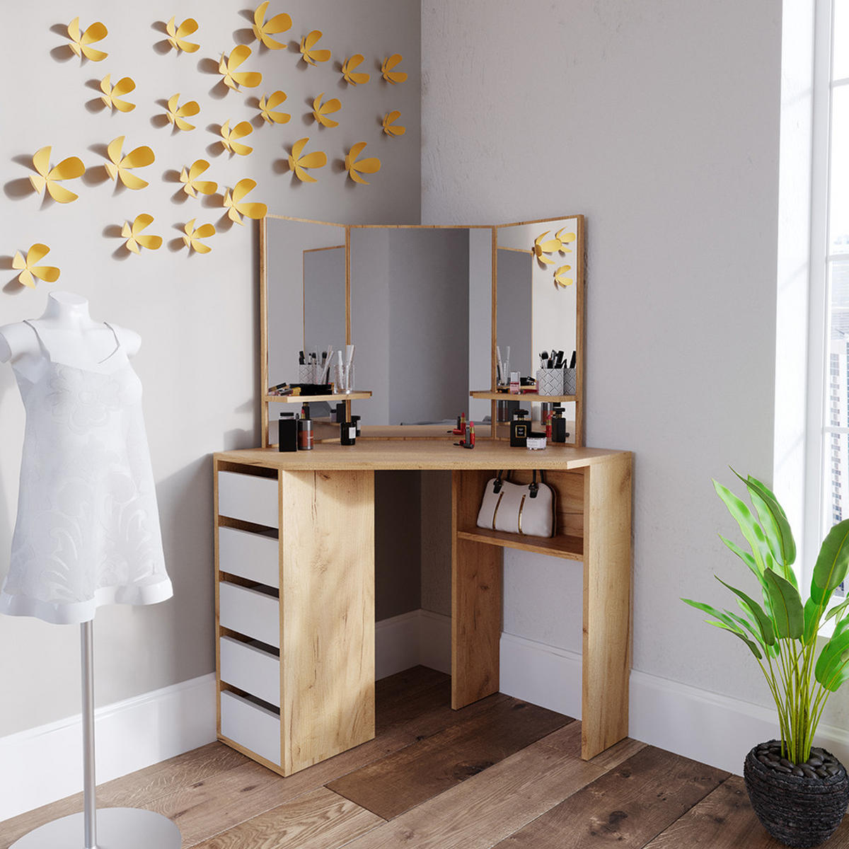 ECKSCHMINKTISCH Arielle Goldkraft Eiche 110 cm - Honigeiche, Holzwerkstoff (110/141.5/54cm) - Vicco