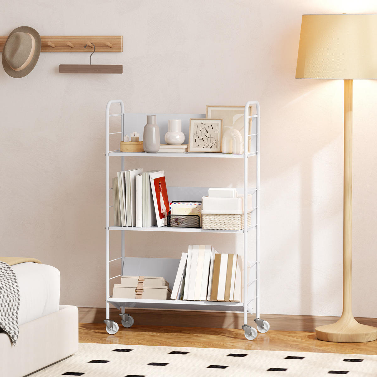 BÜCHERREGAL Mobiles Aufbewahrungsregal mit 3 Ebenen Rädern Spielzeugregal Weiß - Weiß, Metall (26/108/69cm) - HOMCOM