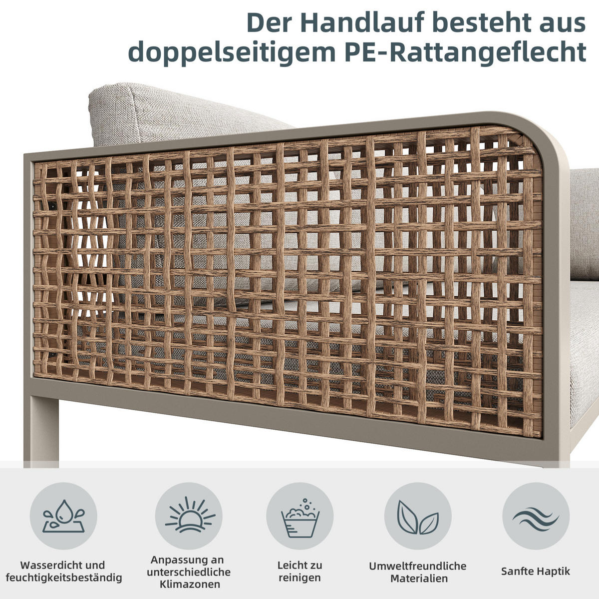 GARTEN-LOUNGE-SET aus Rattan & Metallgestell, inkl. Kissen, 120/61/69 cm, Beige - Beige, Metall - Redom