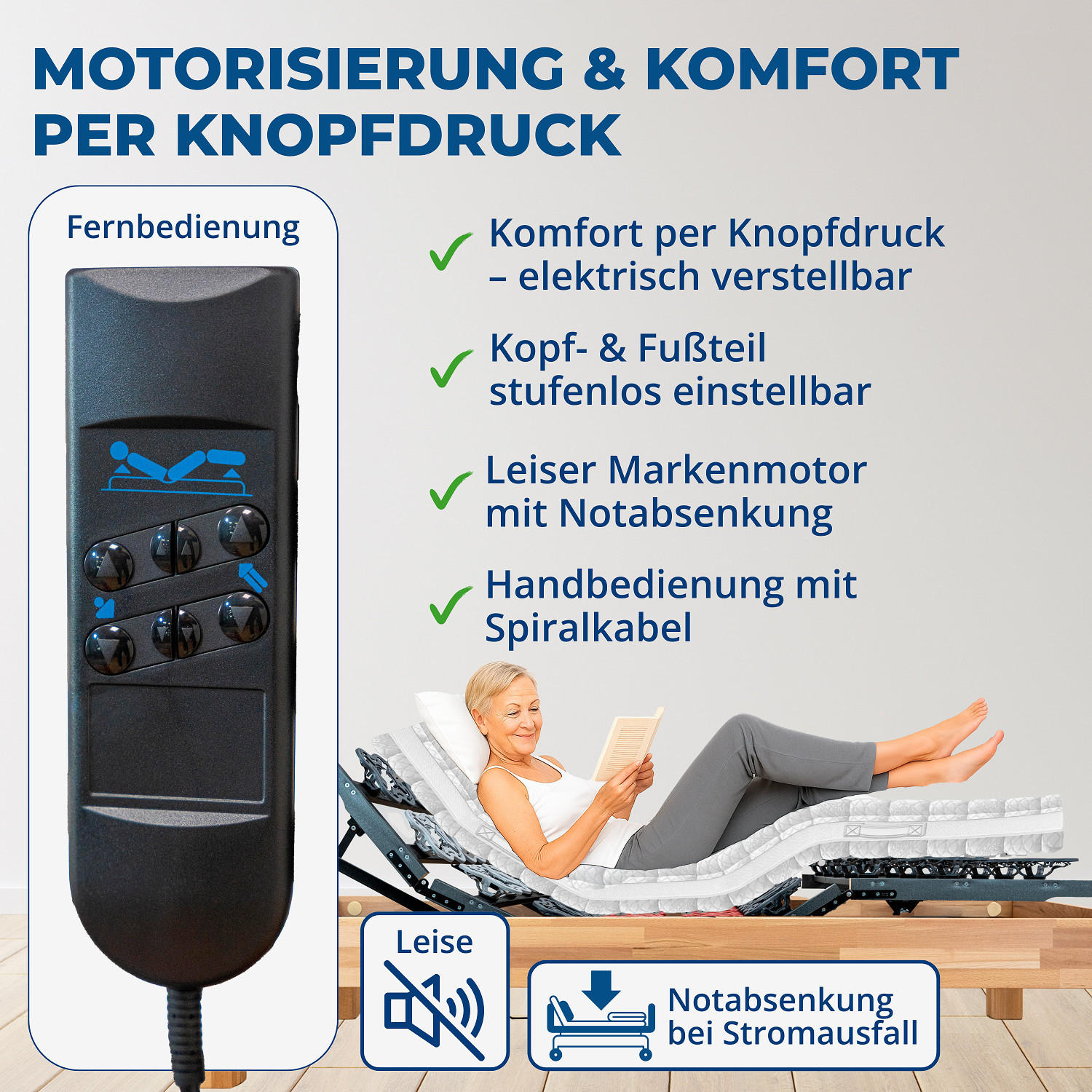 TELLERLATTENROST AEROBALANCE KF 120x200 cm, mit Motor, Kopf-Fußteil verstellbar, fertig montiert - Grau, Holz (120/200cm) - Reha-Schlafwelt