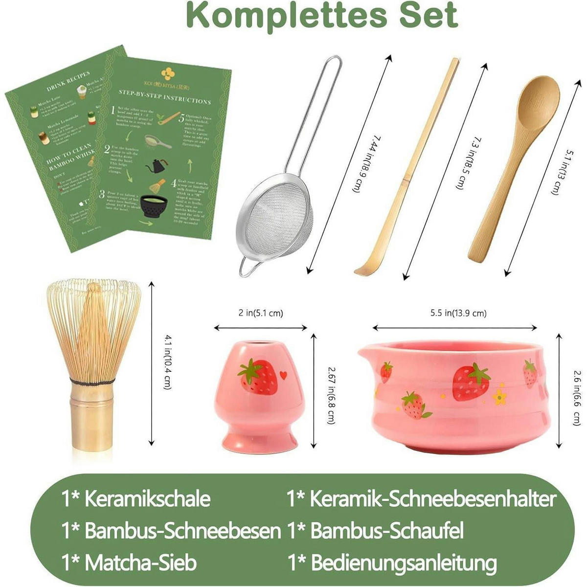 MATCHA Set 5-teiliges Set Erdbeermuster Rosa - Rosa, Keramik (6.6/1/13.9cm)