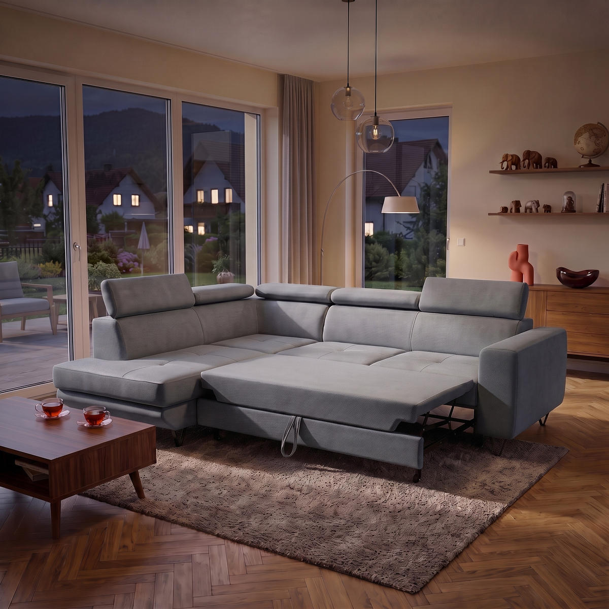 ECKSOFA JUNIOR L Links mit Schlaffunktion 194x128 Velours Grau - Schwarz/Grau, Holz/Textil (249/184cm) - Muffo