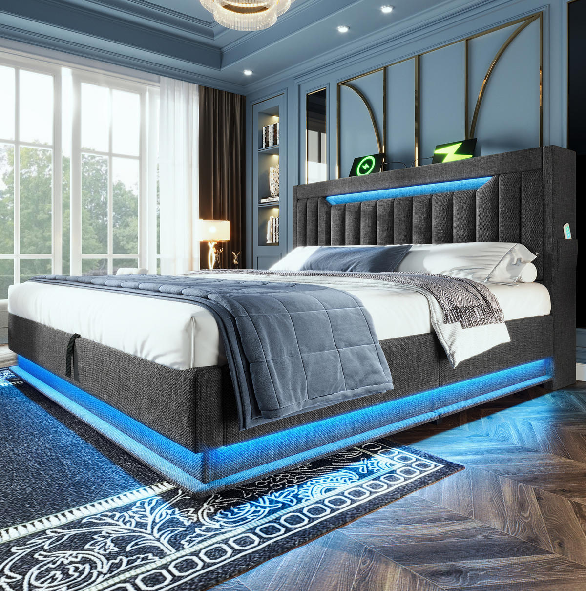 ČALOUNĚNÁ postel 140/190 cm, len, šedá, s LED osvětlením a úložným prostorem - šedá, textil (140/190cm) - BEAOK