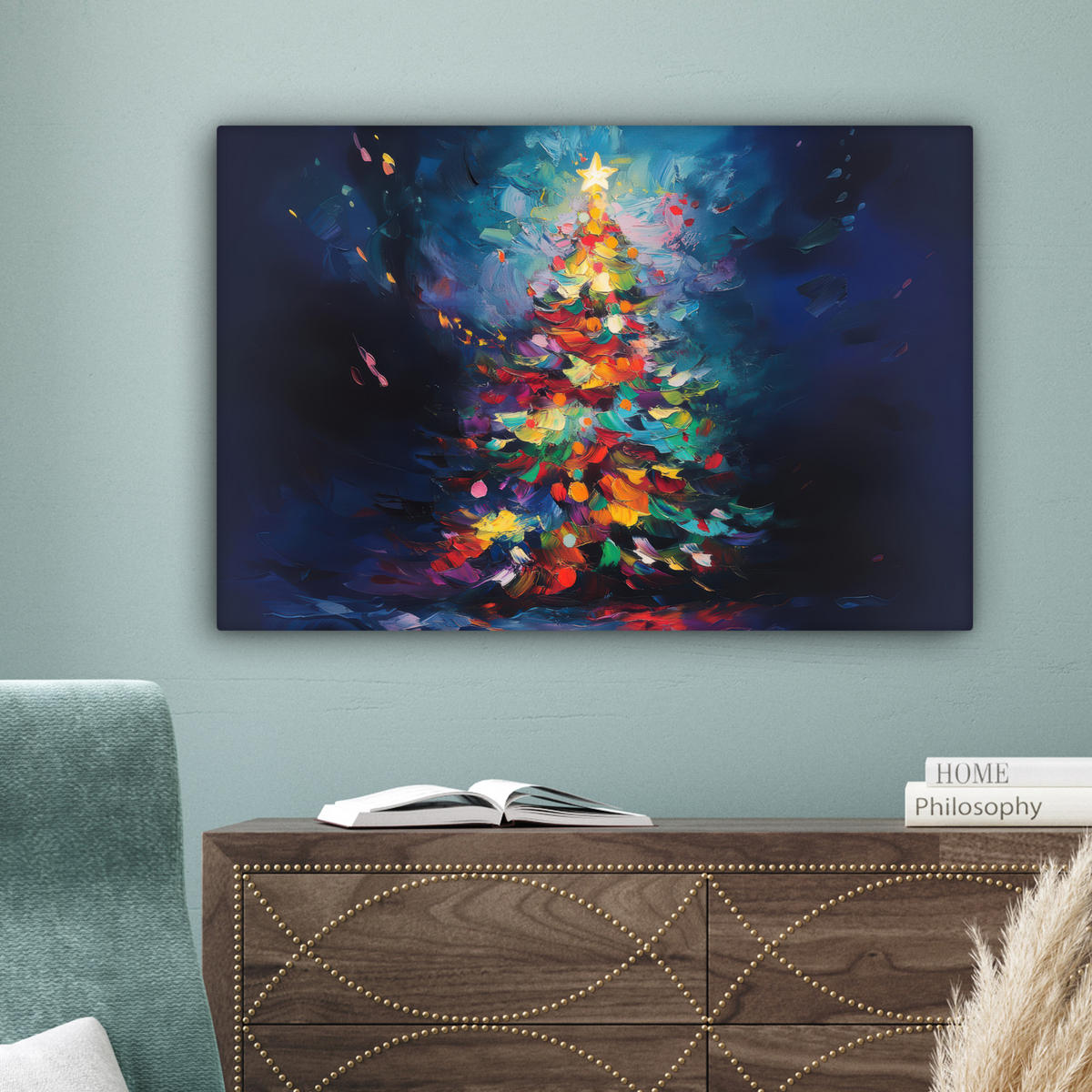 LEINWANDBILD Weihnachtsbaum - Weihnachten - Abstrakt - Farbenfroh Wanddeko 90x60 cm - Multicolor, Textil (90/60cm) - MuchoWow