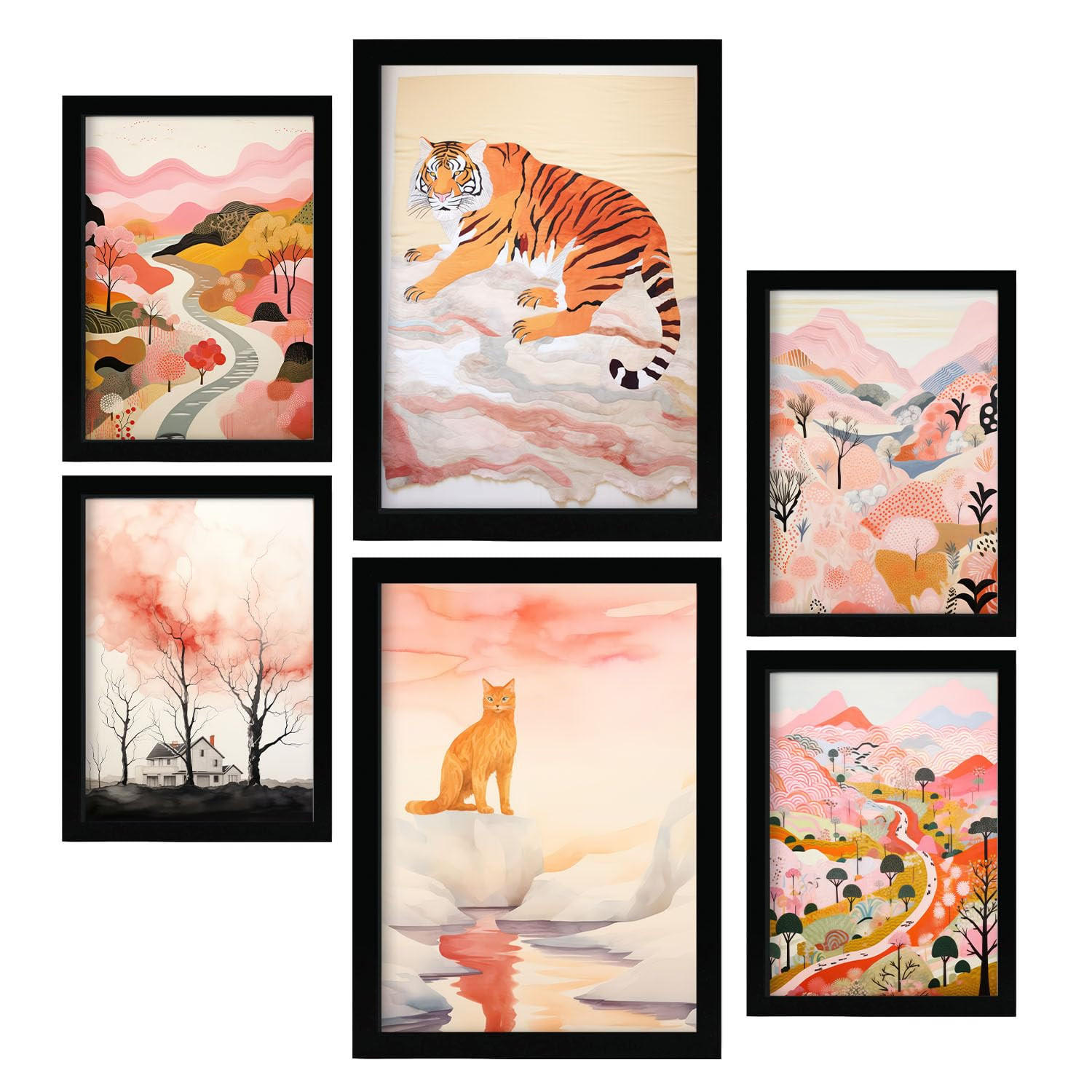 POSTER Set Mit 6 Tiger & Katzen Cartoon A3 & A4 Schwarzer Rahmen - Schwarz, Papier (29/3cm) - Nacnic