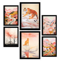 POSTER Set Mit 6 Tiger & Katzen Cartoon A3 & A4 Schwarzer Rahmen - Schwarz, Papier (29/3cm) - Nacnic