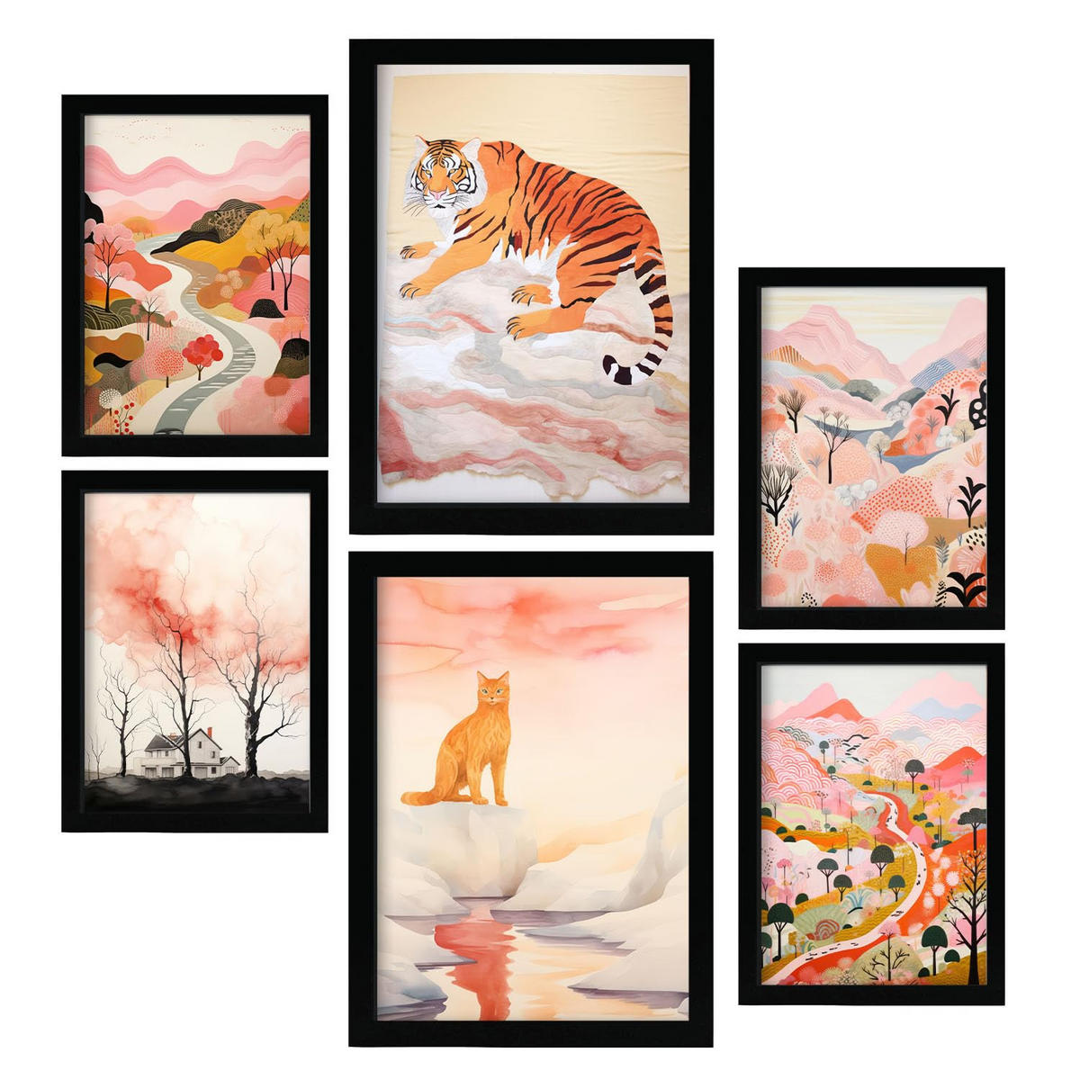 POSTER Set Mit 6 Tiger & Katzen Cartoon A3 & A4 Schwarzer Rahmen - Schwarz, Papier (29/3cm) - Nacnic