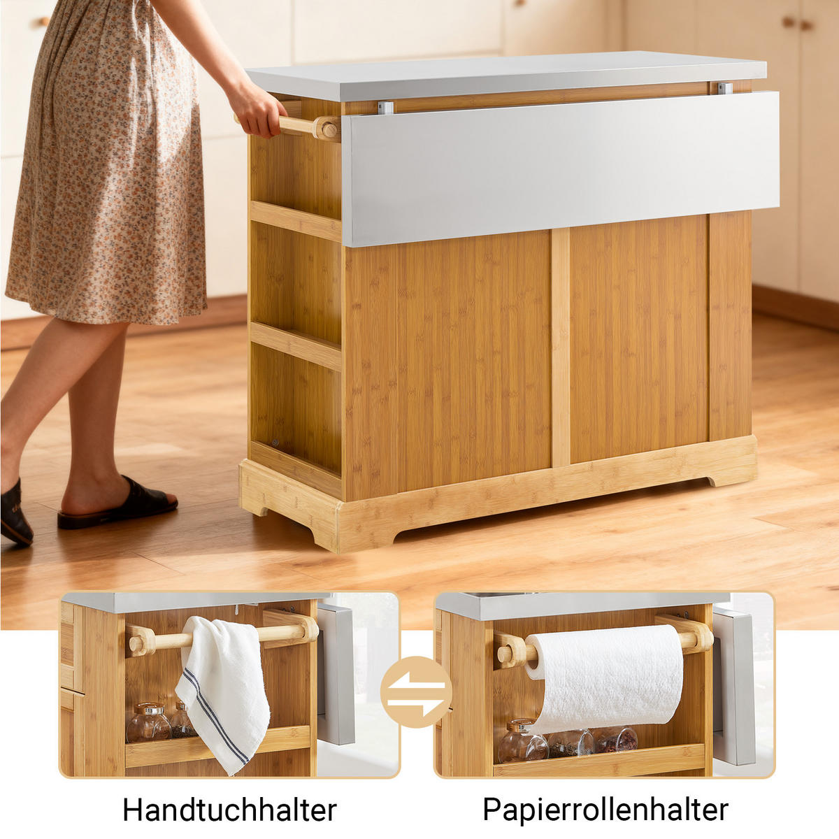 KÜCHENINSEL auf Rollen, Bambus, 107x92,5x(46–71) cm - Naturfarben, Holz/Holzwerkstoff (107/92.5/71cm) - SoBuy