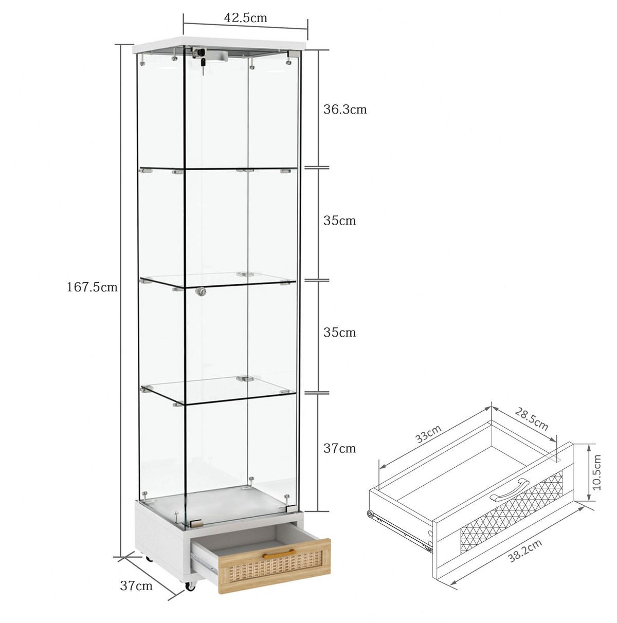 VITRINA 36,5/42,5/167 cm bijela od MDF-a i kaljenog stakla s LED rasvjetom i ladicama - bijela, drvni materijal (42.5/167/36.5cm) - OKWISH