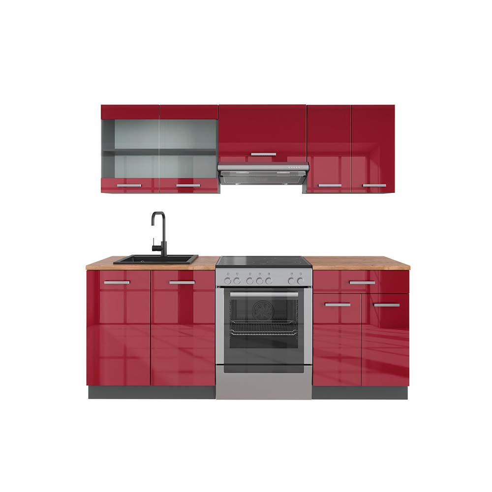 KÜCHENZEILE R-Line Bordeaux Hochglanz/Anthrazit 200 cm, AP Eiche - Bordeaux/Anthrazit, Holzwerkstoff (200/81.6/60cm) - Vicco