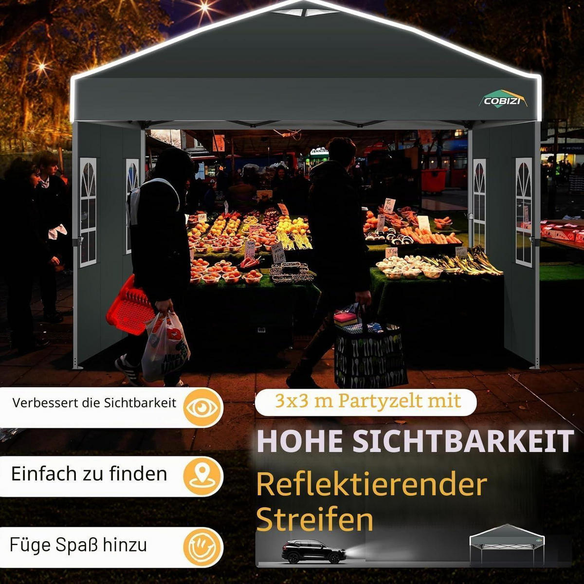 GARTENPAVILLON 3 x 3 m Grau Wasserdicht mit 4 Seitenwänden - Grau, Textil (300/192/300cm)