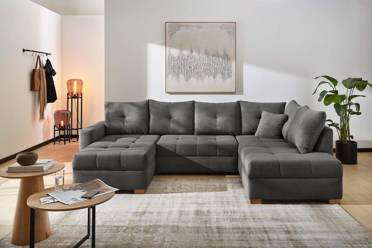 WOHNLANDSCHAFT mit Schlaffunktion und Bettkasten, spiegelverkehrt montierbar U-Form B313/T200/H92 cm, Cord Grau Anthrazit / 15220 - Schieferfarben/Eichefarben, Holz/Textil (313/92/200cm) - luma-home